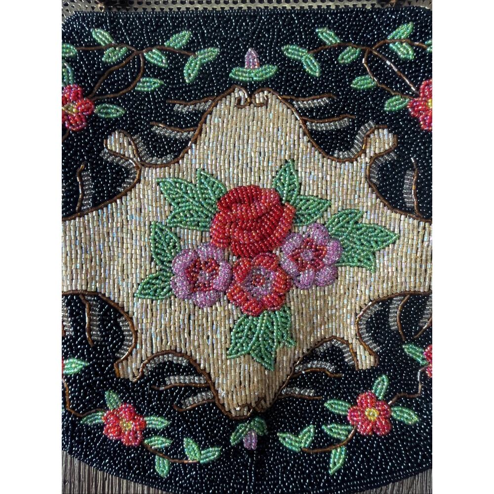 Vintage Hand Beaded Purse Black Colorful Roses Bag 1950 1960 flapper party - Picture 9 of 16